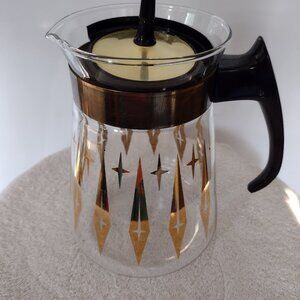 Vintage Pyrex Glass Carafe Pitcher Coffee Tea Pot Gold Atomic Diamond Print 7.5"